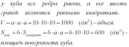 Вычислите объем площадь поверхности куба