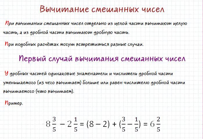 Как минусовать смешанные дроби. Вычитание смешанных дробей с разными знаменателями 6. Вычитание целого числа и дроби 6 класс. Правило сложения смешанных дробей.